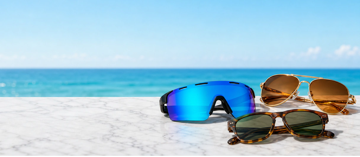 Three Top Sunglass Spot frame styles displayed beside the ocean