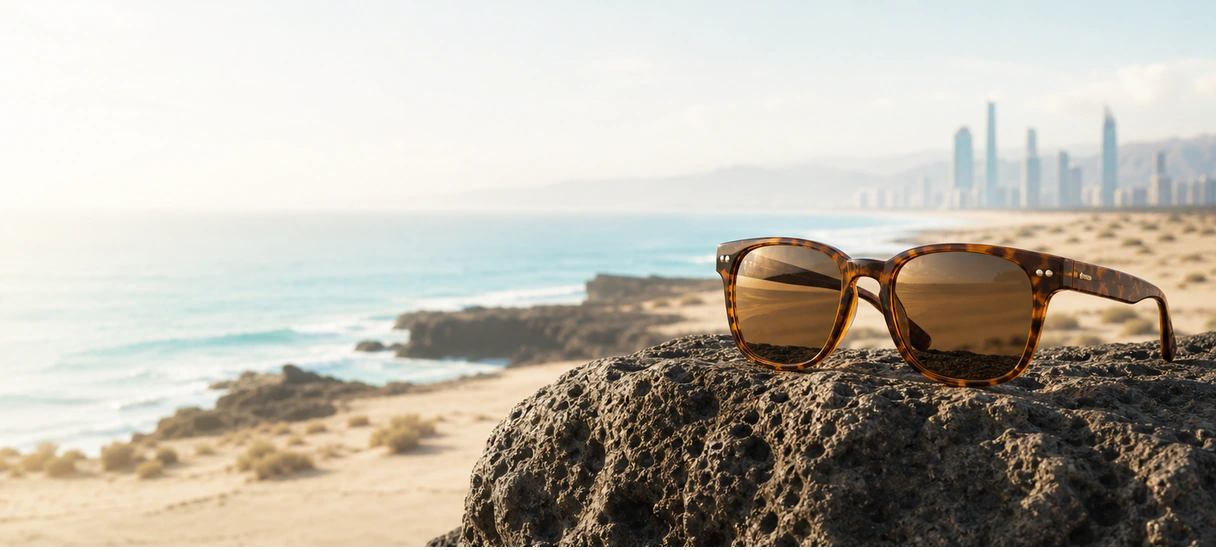 Tortoise sunglasses resting above a coastline and city horizon